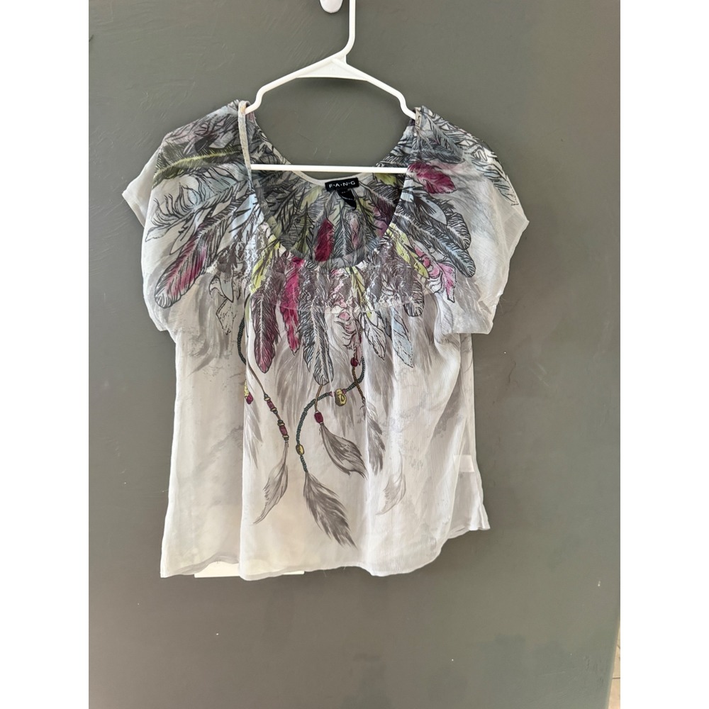 FANG Vintage Y2k Grey Pink Feather Print Sheer Flutter Sleeve Lace Trim Blouse L